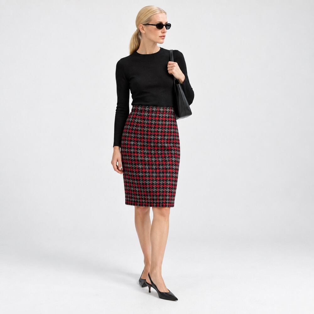 Pure Collection Wool Houndstooth Pencil Skirt Red Grey US 8/10